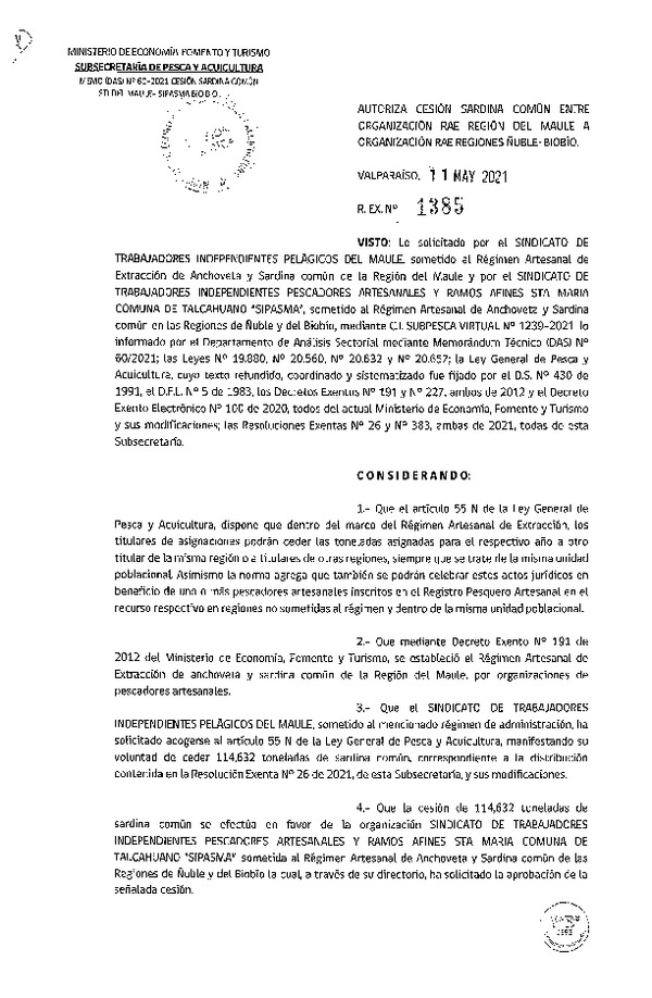 Res. Ex. N° 1385-2021 Autoriza Cesión Merluza común, Región de Maule a Ñuble-Biobío. (Publicado en Página Web 12-05-2021).