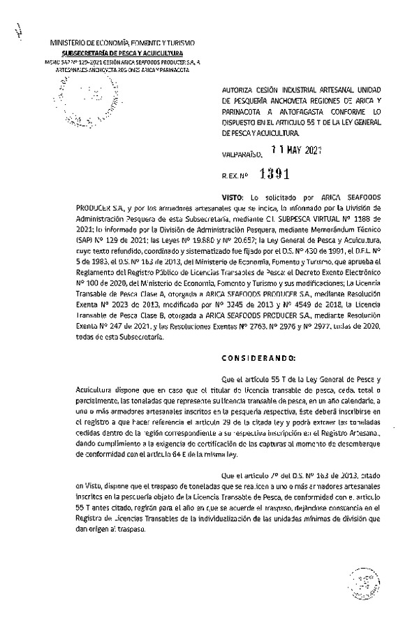 Res. Ex. N° 1391-2021 Autoriza Cesión Anchoveta, Regiones de Arica y Parinacota a Región de Antofagasta. (Publicado en Página Web 12-05-2021)
