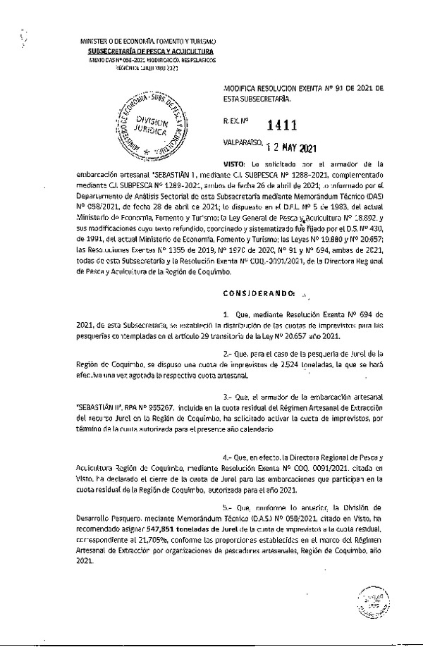 Res. Ex. N° 1411-2021 Modifica Res. Ex. N° 91-2021 Distribución de la Fracción Artesanal de Pesquería de Anchoveta y Jurel, Región de Coquimbo, Año 2021. (Publicado en Página Web 12-05-2021)