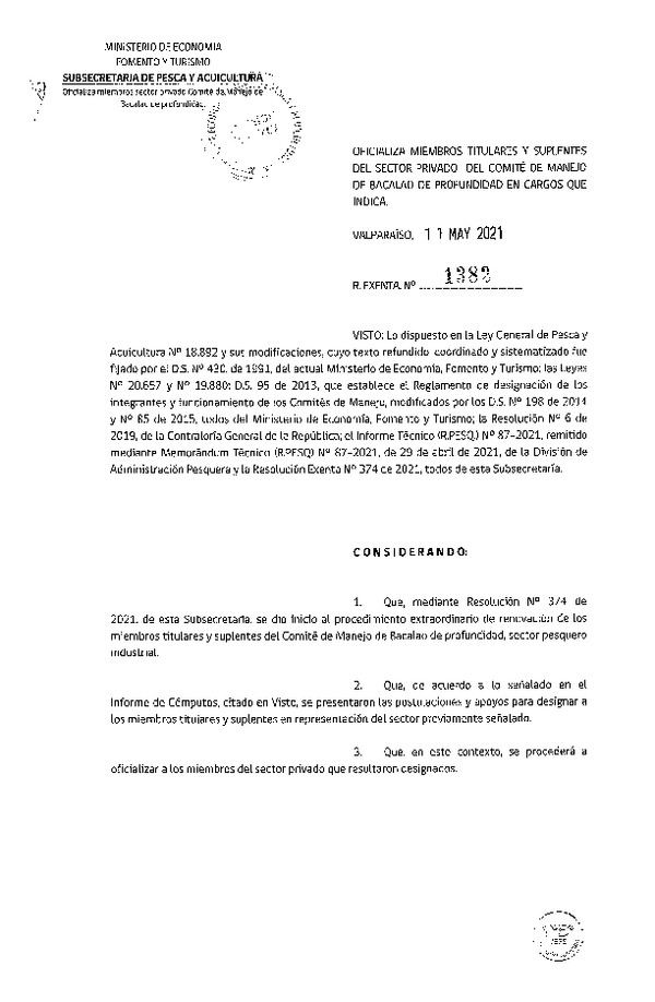 Res. Ex. N° 1382-2021 Oficializa Miembros Titulares y Suplentes del Sector Privado del Comité de Manejo de Bacalao de Profundidad. (Publicado en Página Web 13-05-2021)
