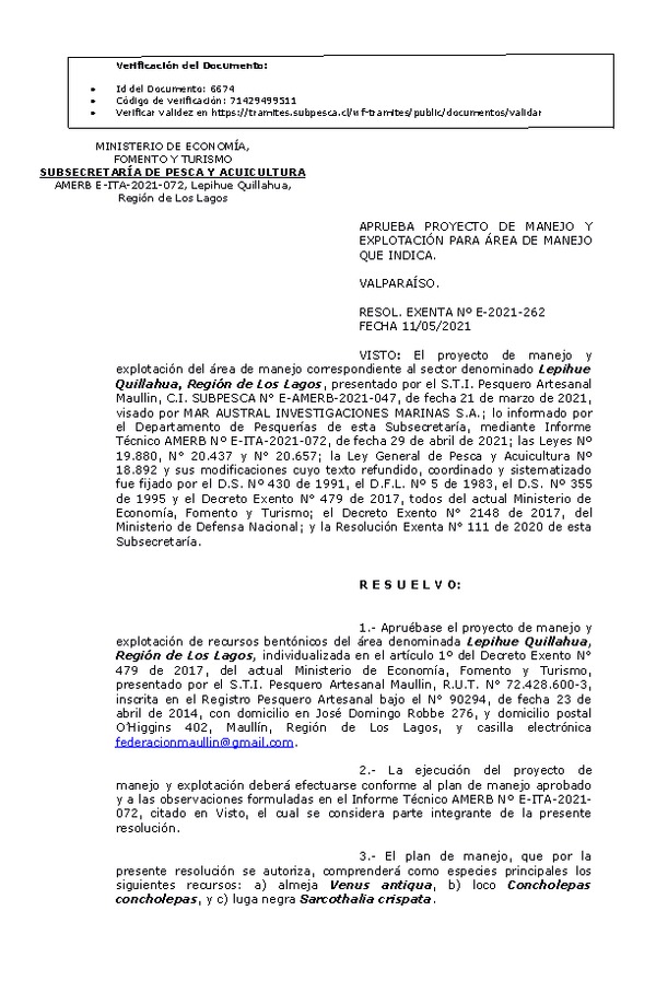 RESOL. EXENTA Nº E-2021-262 Plan de Manejo. (Publicado en Página Web 13-05-2021)