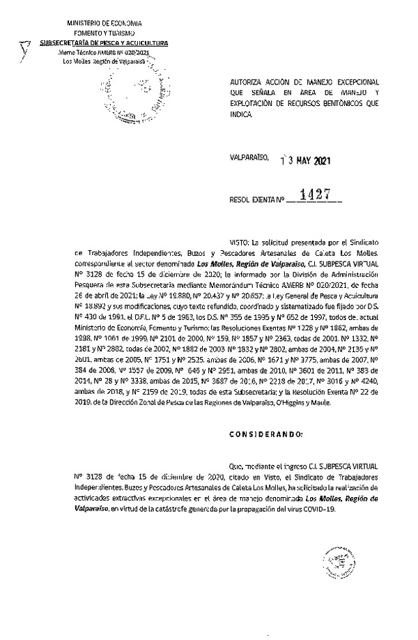 Res. Ex. N° 1427-2021 Autoriza acción de manejo excepcional que señala. (Publicado en Página Web 13-05-2021)