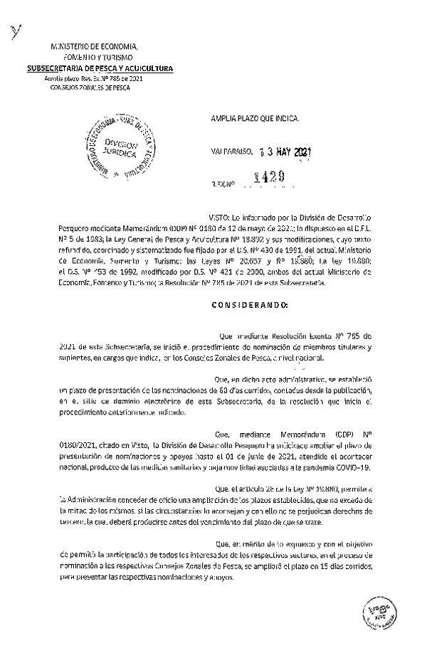 Res. Ex. N° 1429-2021 Amplía Plazo Establecido en el Numeral 5.- Res. Ex. N° 785-2021. (Publicado en Página Web 13-05-2021)
