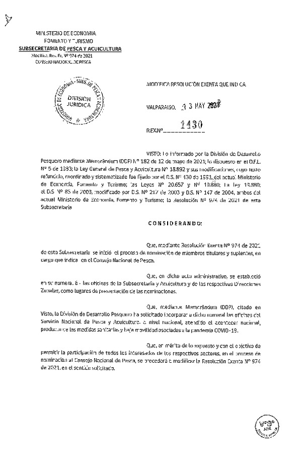 Res. Ex. N° 1430-2021 Modifica Res. Ex. N° 974-2021 Inicia Proceso de Nominación de los Miembros Titulares y Suplentes en el Consejo Nacional de Pesca en Cargos que se Indican. (Publicado en Página Web 13-05-2021)