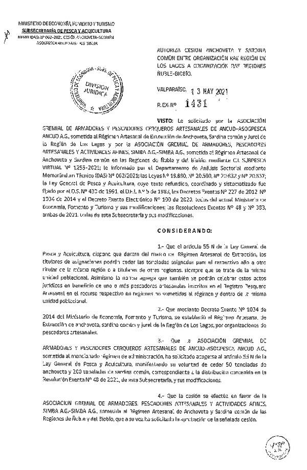 Res. Ex. N° 1431-2021 Autoriza Cesión anchoveta y sardina común Región de Los Lagos a Ñuble-Biobío. (Publicado en Página Web 13-05-2021).