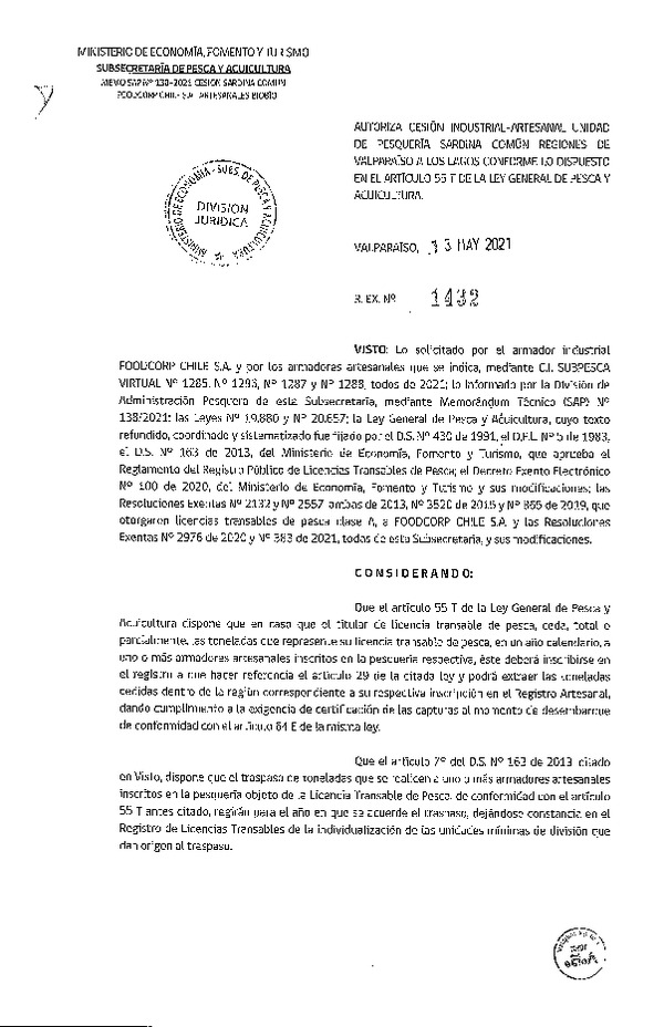 Res. Ex. N° 1432-2021 Autoriza Cesión Sardina común, Regiones de Valparaíso a Los Lagos. (Publicado en Página Web 13-05-2021)