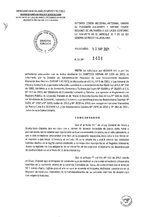 Res. Ex. N° 1434-2021 Autoriza Cesión Anchoveta y Sardina común, Regiones de Valparaíso a Los Lagos. (Publicado en Página Web 13-05-2021)