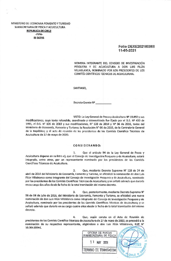 Dec. Ex. Folio 202100068 Nombra Integrantes del Consejo de Investigación Pesquera y de Acuicultura que Señala. (Publicado en Página Web 13-05-2021)