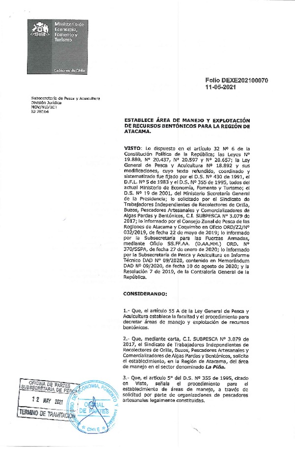 Dec. Ex. Folio N° DEXE202100070 Establece Área de Manejo La Piña, Región de Atacama. (Publicado en Página Web 13-05-2021)