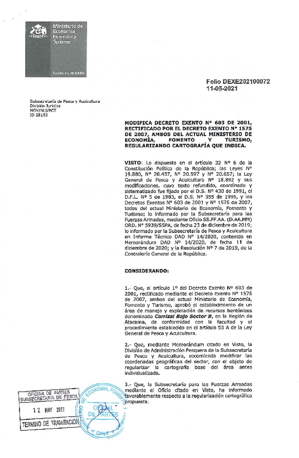 Dec. Ex. Folio N° DEXE202100072 Modifica Dec. ex. N° 603-2001, Regularizando Cartografía Área de Manejo Carrizal Bajo Sector B, Región de Atacama. (Publicado en Página Web 13-05-2021)