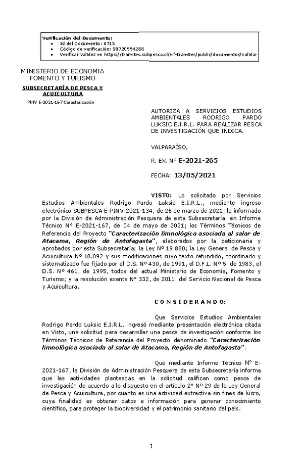 R. EX. Nº E-2021-265 Caracterización limnológica asociada al salar de Atacama, Región de Antofagasta. (Publicado en Página Web 13-05-2021)