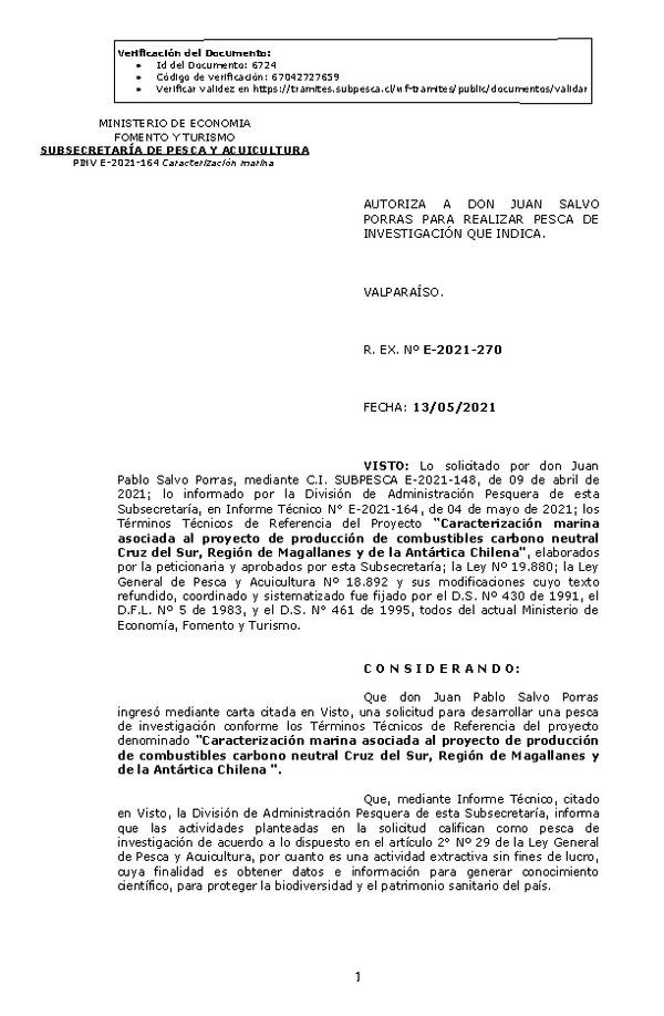 R. EX. Nº E-2021-270 Caracterización marina asociada al proyecto de producción de combustibles carbono neutral Cruz del Sur, Región de Magallanes y de la Antártica Chilena. (Publicado en Página Web 13-05-2021)