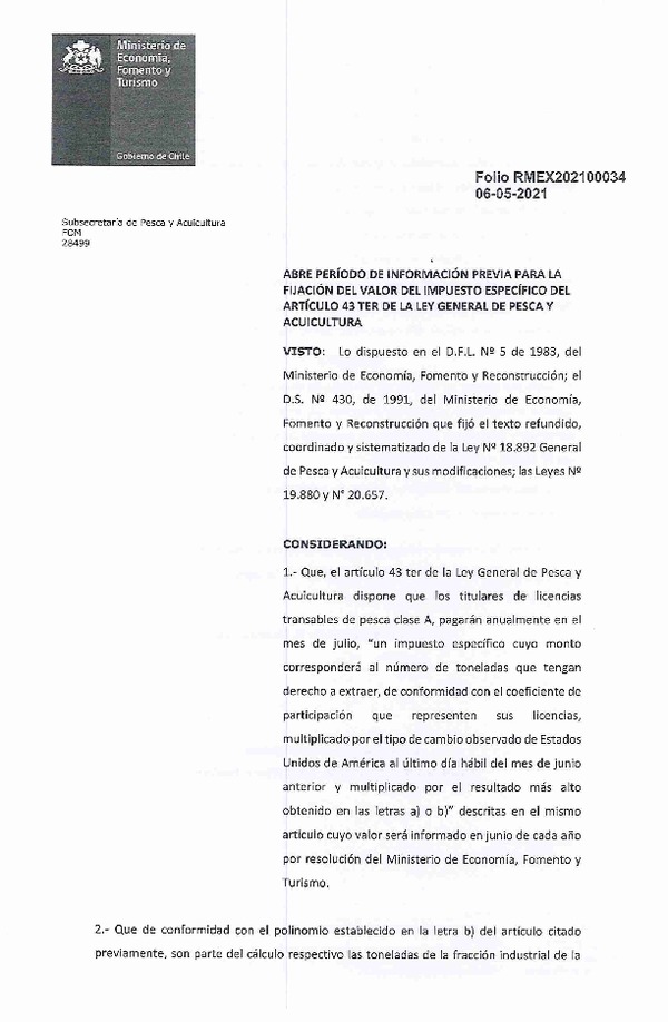 Folio N° RMEX202100034 Abre Período de Información Previa para la Fijación del Valor del Impuesto Específico del Artículo 43 Ter de la Ley General de Pesca y Acuicultura, Año 2021. (Publicado en Página Web 17-05-2021)