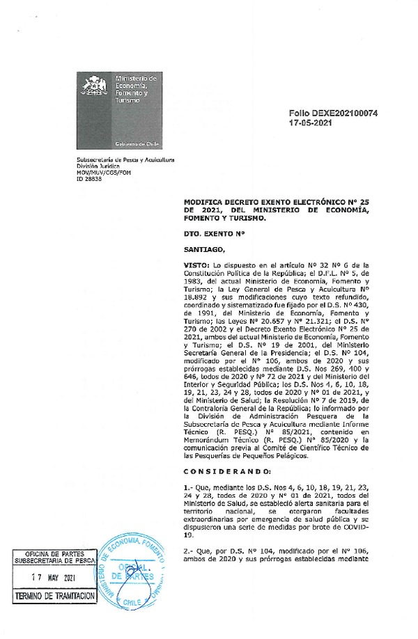 Dec. Ex. Folio N° DEXE20210074 Modifica Dec. Ex. Folio 202100025 Establece imputación conjunta de Sardina común y anchoveta entre las Regiones de Valparaíso a Los Lagos, año 2021. (Publicado en Página Web 17-05-2021)