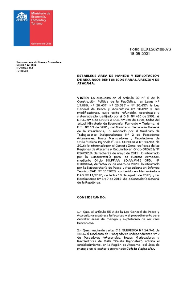 Dec. Ex. Folio N° DEXE202100078 Establece Área de Manejo Caleta Pajonales, Región de Atacama. (Publicado en Página Web 18-05-2021)
