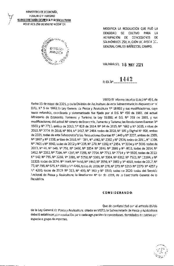 Res. Ex. N° 1442-2021 Modifica Res. Ex. N° 1417-2020 Fija densidad de Cultivo para la Agrupación de concesiones de Salmónidos 25 B, en la Región de Aysén del General Carlos Ibáñez del Campo. (Publicado en Página Web 18-05-2021)