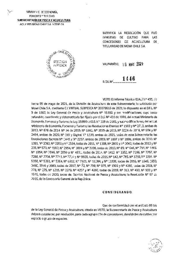 Res. Ex. N° 1446-2021 Modifica Res. Ex. 169-2021 Fija densidad de cultivo para concesiones de acuicultura de Mowi Chile S.A. (Publicado en Página Web 18-05-2021)