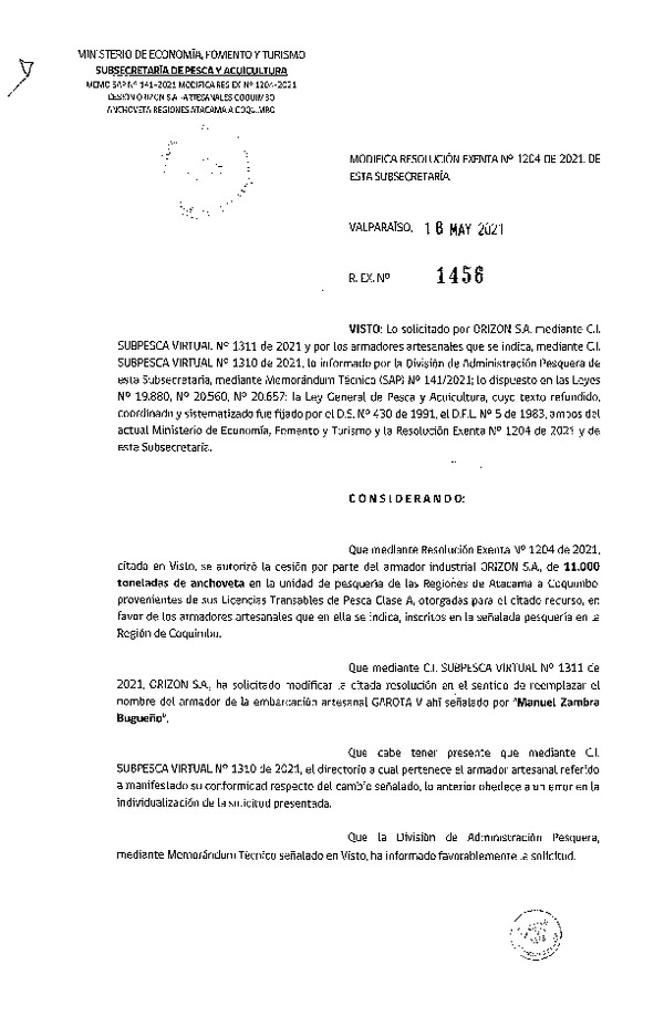 Res. Ex. N° 1456-2021 Modifica Res. Ex. N° 1204-2021 Autoriza Cesión Anchoveta, Regiones de Atacama a Coquimbo. (Publicado en Página Web 19-05-2021)