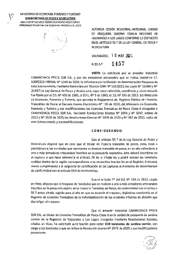 Res. Ex. N° 1457-2021 Autoriza Cesión Anchoveta y Sardina común, Regiones de Valparaíso a Los Lagos. (Publicado en Página Web 19-05-2021)