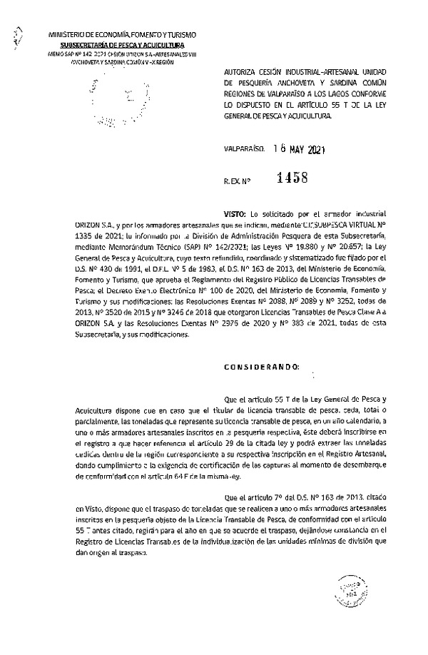 Res. Ex. N° 1458-2021 Autoriza Cesión Anchoveta y Sardina común, Regiones de Valparaíso a Los Lagos. (Publicado en Página Web 19-05-2021)