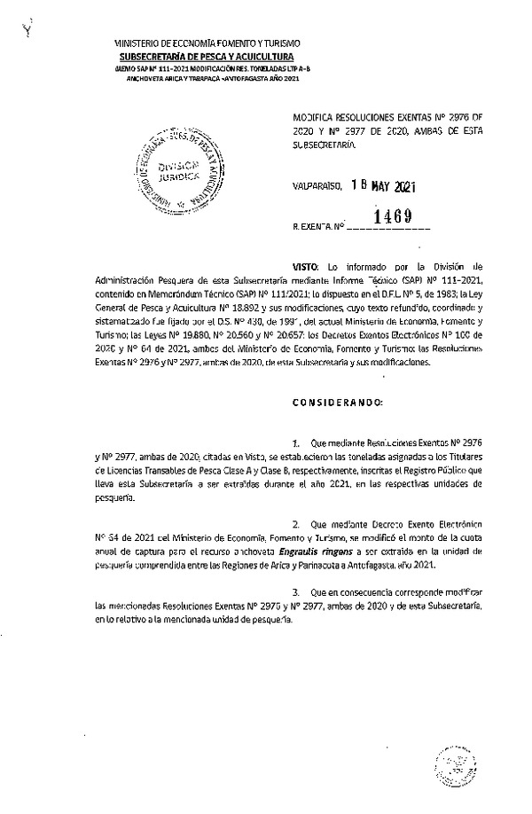 Res. Ex. N° 1469-2021 Modifica Res. Ex. N° 2976 y 2977, ambas de 2020 Establece Toneladas para Titulares de LTP clase A Año 2021. (Publicado en Página Web 19-05-2021)