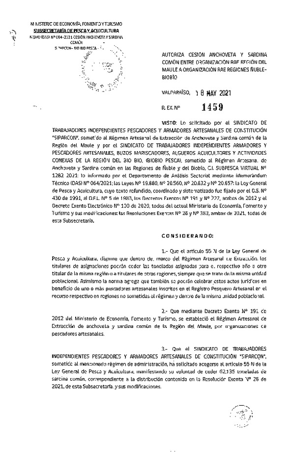 Res. Ex. N° 1459-2021 Autoriza Cesión Anchoveta y Sardina común, Región de Maule a Ñuble-Biobío. (Publicado en Página Web 19-05-2021).