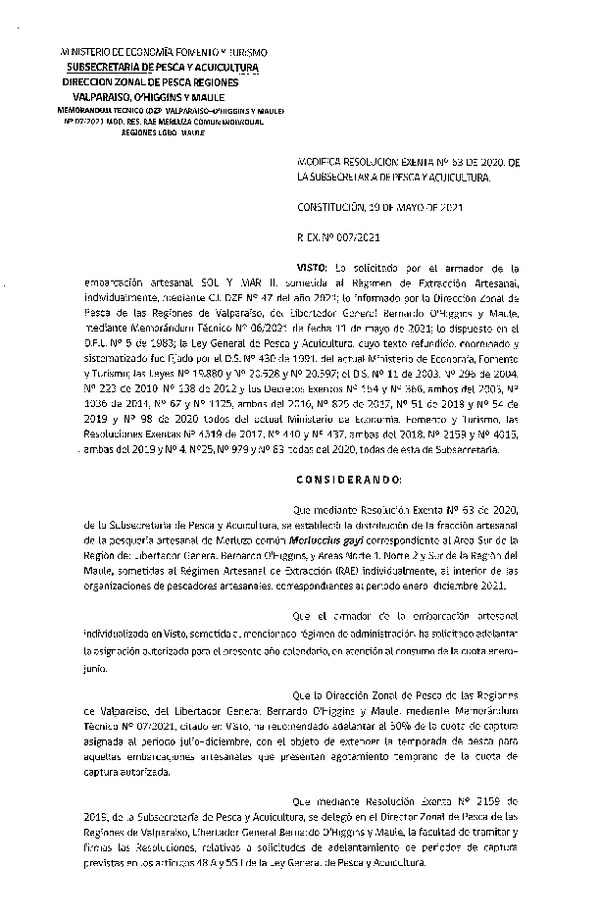 Res. Ex. N° 007-2021 (DZP Regiones de Valparaíso -O'Higgins y Maule) Modifica Res. Ex. DIG N° 63-2020 Distribución de la Fracción Artesanal de Pesquería de Merluza común Individual, Región del Maule. (Publicado en Página Web 19-05-2021)