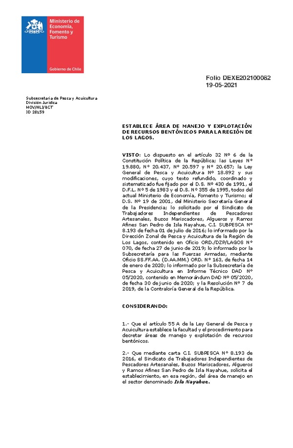 Dec. Ex. Folio N° DEXE202100082 Establece Área de Manejo Isla Nayahue, Región de Los Lagos. (Publicado en Página Web 19-05-2021)