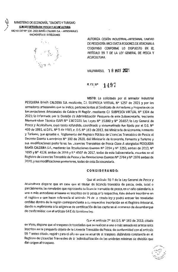 Res. Ex. N° 1497-2021 Autoriza Cesión Anchoveta, Regiones de Atacama a Coquimbo. (Publicado en Página Web 19-05-2021)