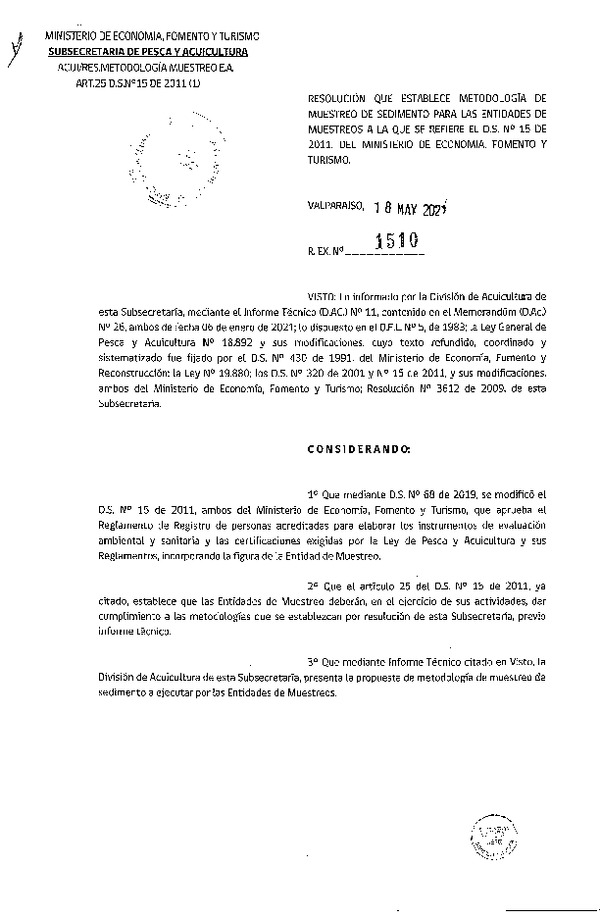 Res. Ex. N° 1510-2021 Establece Metodología de Muestreo de Sedimento, Para las Entidades de Muestreos a las que se Refiere el D.S. N° 15 de 2011, del Ministerio de Economía, Fomento y Turismo. (Con Informe Técnico)(Publicado en Página Web 19-05.2021)