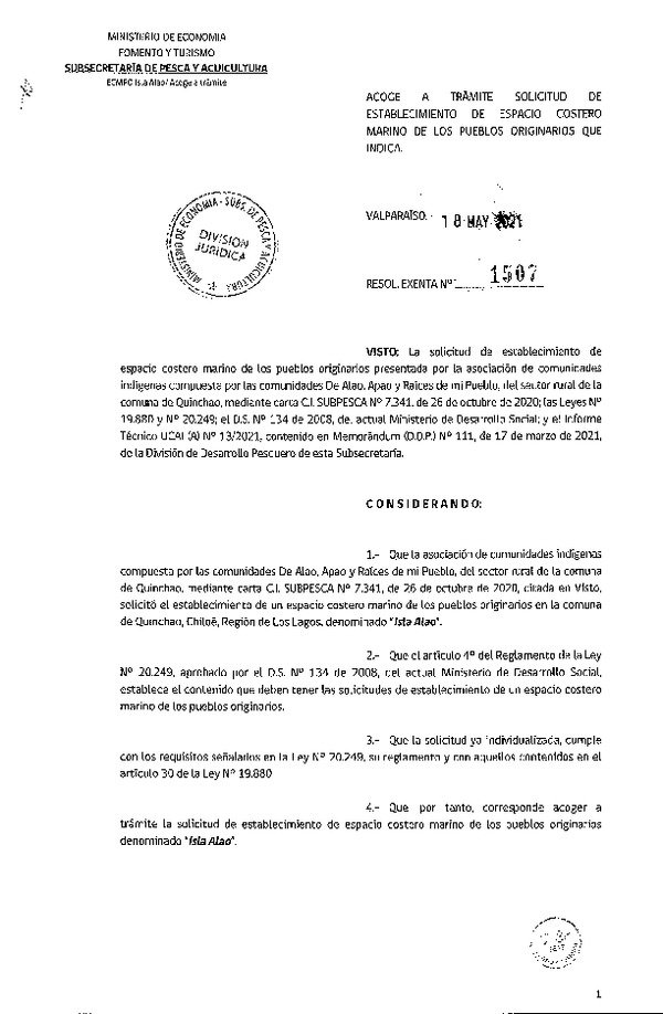 Res. Ex. N° 1507-2021 Acoge a trámite solicitud de establecimiento de ECMPO Isla Alao, Región de Los Lagos. (Publicado en Página Web 19-05-2021)