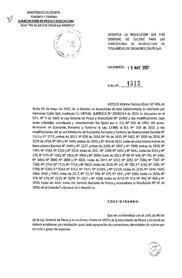 Res. Ex. N° 1512-2021 Modifica 	Res. Ex N° 469-2021 Fija densidad de cultivo para las concesiones de acuicultura de Salmones Cailín SpA (Con Informe Técnico) (Publicado en Página Web 20-05-2021).