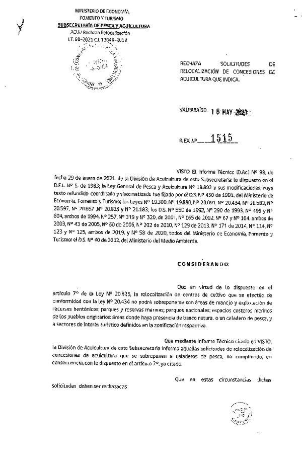 Res. Ex. N° 1515-2021 Rechaza solicitudes de relocalización de concesiones de acuicultura que indica.