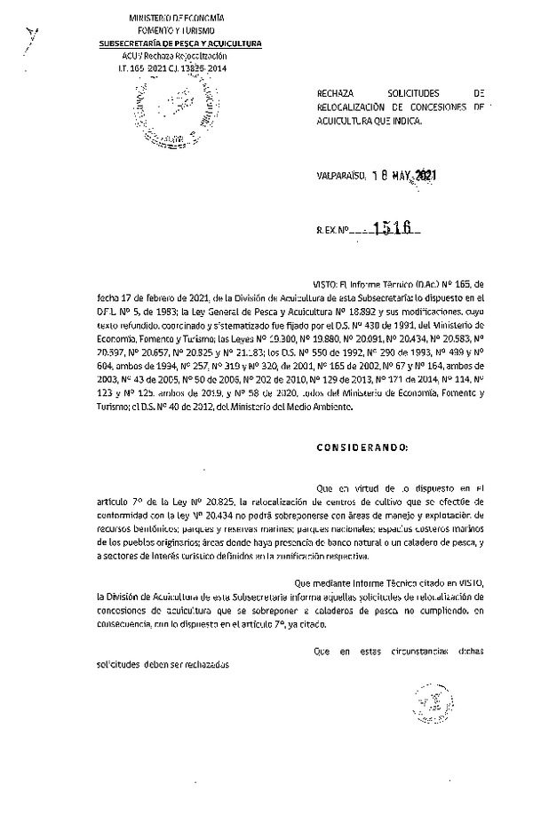 Res. Ex. N° 1516-2021 Rechaza solicitudes de relocalización de concesiones de acuicultura que indica.