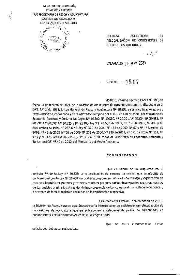 Res. Ex. N° 1517-2021 Rechaza solicitudes de relocalización de concesiones de acuicultura que indica.