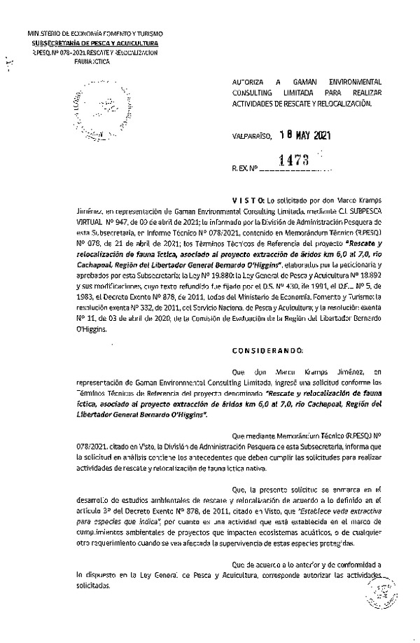 Res. Ex. N° 1473-2021 Rescate y Relocalización de Fauna Íctitca, Región de O'Higgins. (Publicado en Página Web 20-05-2021).