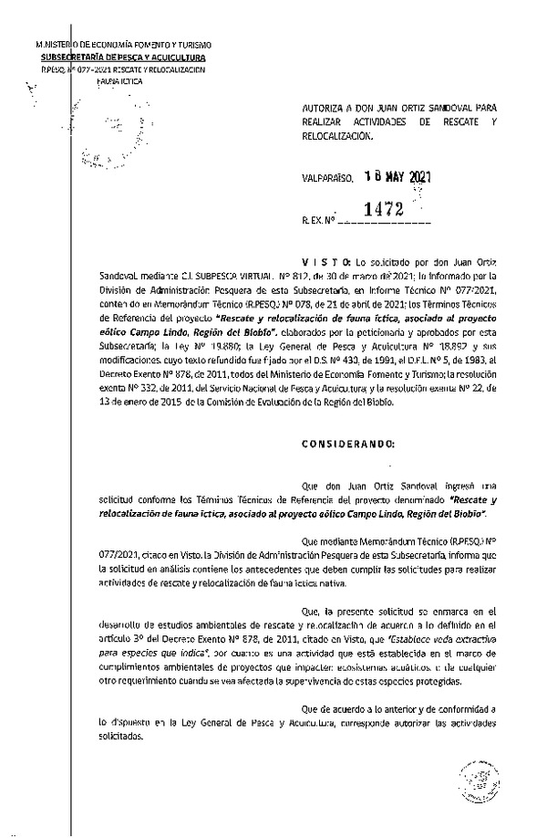 Res. Ex. N° 1472-2021 Rescate y Relocalización de Fauna Íctitca, Región del Biobío. (Publicado en Página Web 20-05-2021).