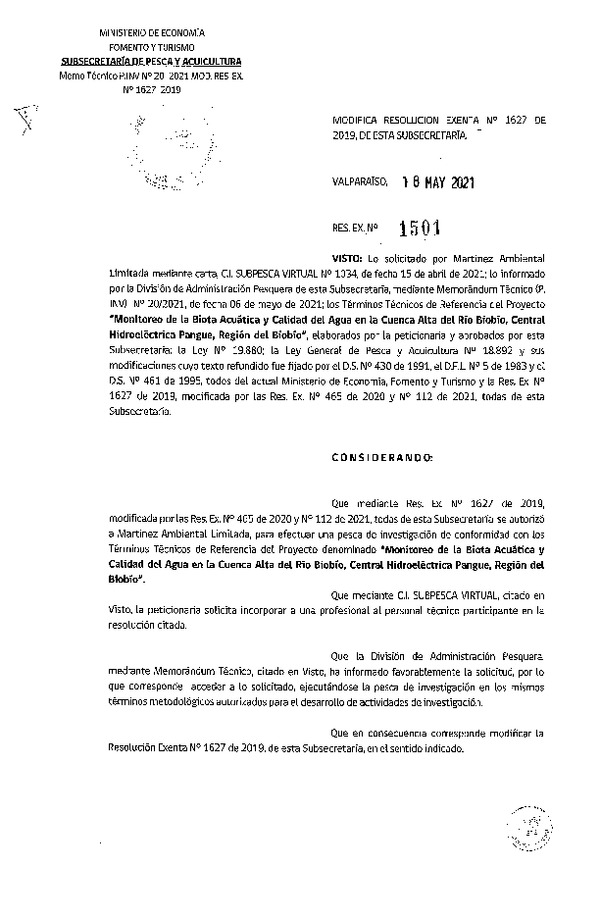 Res. Ex. N° 1501-2021 Modifica Res. Ex. N° 1627-2019 Monitoreo de la biota acuática, Región del Biobío. (Publicado en Página Web 20-05-2021)