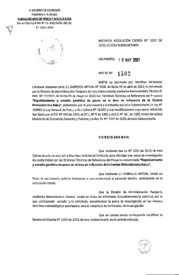 Res. Ex. N° 1502-2021 Modifica Res. Ex. N° 3202-2019 Repoblamiento y estudio genético de peces en el área de influencia de la Central Hidroeléctrica Ralco.. (Publicado en Página Web 20-05-2021)