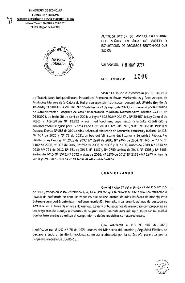 Res. Ex. N° 1506-2021 Autoriza acción de manejo excepcional que señala. (Publicado en Página Web 20-05-2021)