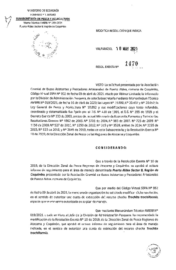 Res. Ex. N° 1470-2021 Modifica Res. Ex. N° 10-2019. (Publicado en Página Web 20-05-2021)