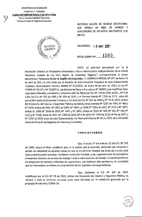 Res. Ex. N° 1505-2021 Autoriza acción de manejo excepcional que señala. (Publicado en Página Web 20-05-2021)
