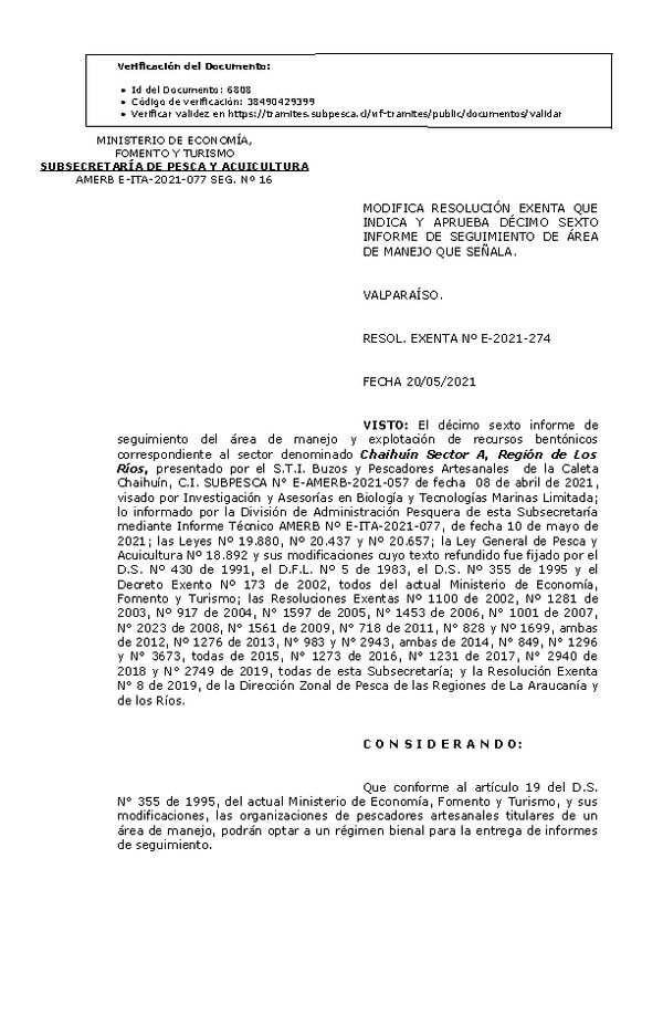 RESOL. EXENTA Nº E-2021-274 Modifica Resolución que indica, Aprueba 10° Seguimiento. (Publicado en Página Web 20-05-2021)