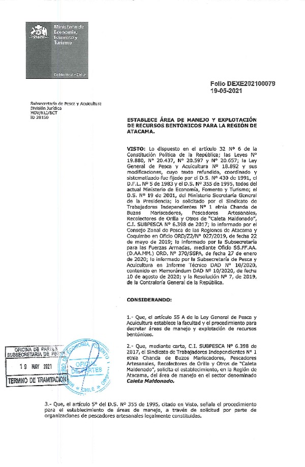 Dec. Ex. Folio N° DEXE202100079 Establece Área de Manejo Caleta Maldonado, Región de Atacama. (Publicado en Página Web 20-05-2021)