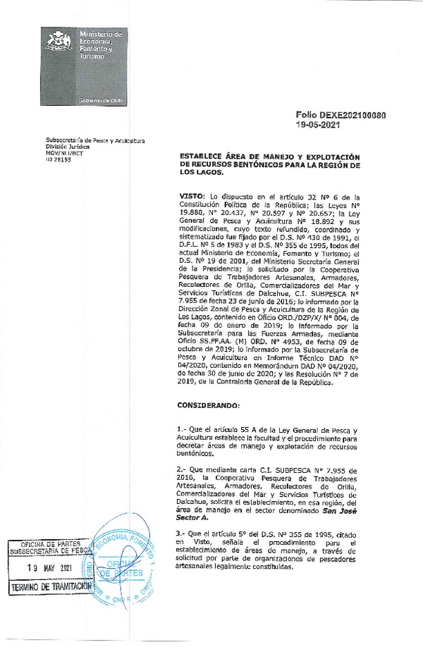 Dec. Ex. Folio N° DEXE202100080 Establece Área de Manejo San José Sector A, Región de Los Lagos. (Publicado en Página Web 20-05-2021)