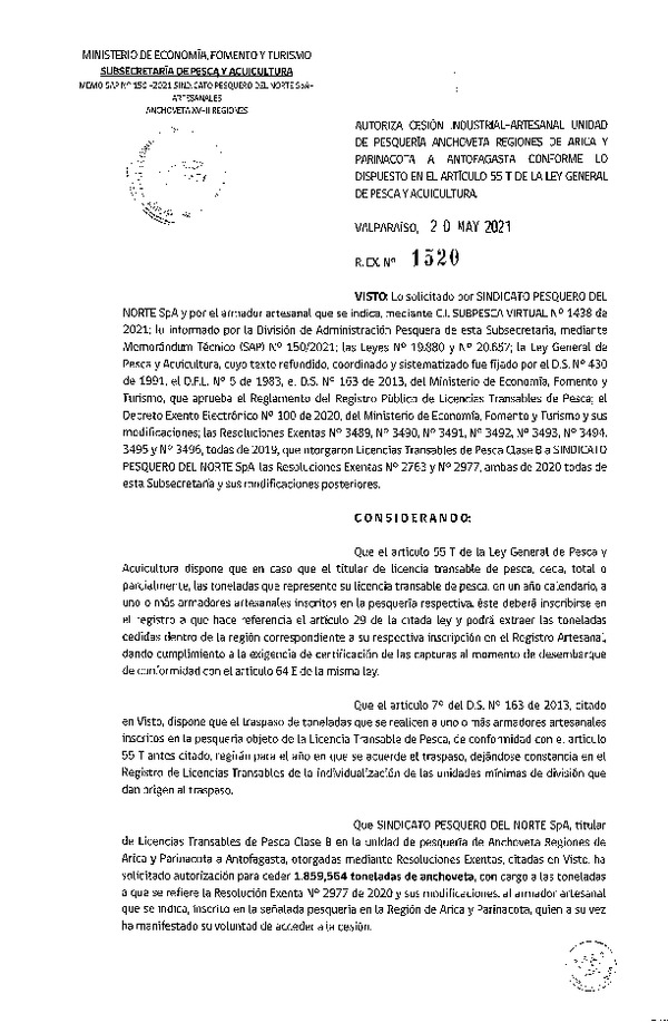 Res. Ex. N° 1520-2021 Autoriza Cesión Anchoveta, Regiones de Arica y Parinacota a Región de Antofagasta. (Publicado en Página Web 20-05-2021)