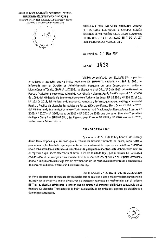 Res. Ex. N° 1523-2021 Autoriza Cesión Anchoveta y Sardina común, Regiones de Valparaíso a Los Lagos. (Publicado en Página Web 20-05-2021)