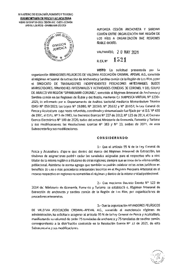 Res. Ex. N° 1521-2021 Autoriza Cesión Anchoveta y Sardina común, Región de Los Ríos a Ñuble-Biobío. (Publicado en Página Web 20-05-2021).