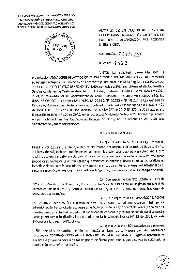 Res. Ex. N° 1522-2021 Autoriza Cesión Anchoveta y Sardina común, Región de Los Ríos a Ñuble-Biobío. (Publicado en Página Web 20-05-2021).