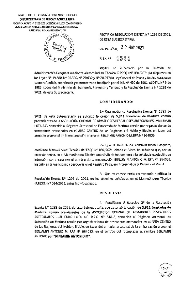 Res. Ex. N° 1524-2021 Rectifica Res. Ex. N° 1293-2021 Autoriza Cesión Merluza común, Región Ñuble-Biobío a Región del Maule. (Publicado en Página Web 20-05-2021).
